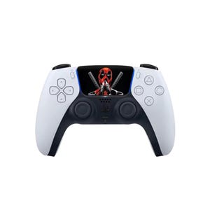 May include: A white and black PlayStation 5 controller featuring a Deadpool graphic. The controller has the standard button layout and a black touchpad. The Deadpool graphic shows the character's face and crossed katanas.