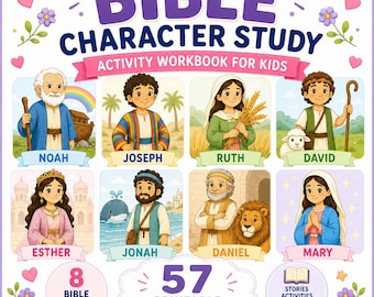 Cuaderno de actividades para el estudio de los personajes bíblicos / 57 páginas imprimibles para niños (descarga digital)