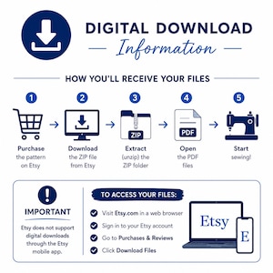 May include: An infographic titled Digital Download Information detailing a five-step process: purchase, download, extract, open, and start sewing. It includes an important note about accessing files via a web browser, not the Etsy mobile app.