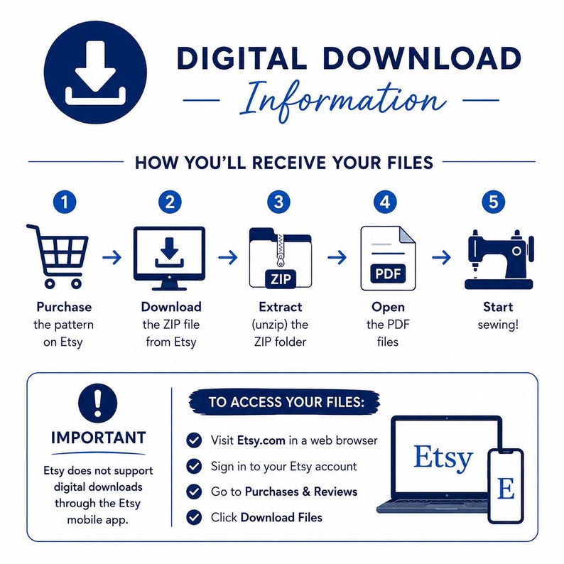May include: An infographic titled Digital Download Information detailing a five-step process: purchase, download, extract, open, and start sewing. It includes an important note about accessing files via a web browser, not the Etsy mobile app.