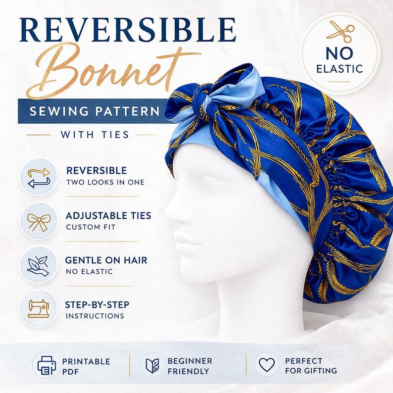 May include: A reversible bonnet sewing pattern featuring a blue fabric with a gold wheat-like pattern and solid light blue lining. The bonnet has adjustable ties and no elastic. Text includes REVERSIBLE BONNET SEWING PATTERN WITH TIES, NO ELASTIC, REVERSIBLE, ADJUSTABLE TIES, GENTLE ON HAIR, STEP-BY-STEP INSTRUCTIONS, PRINTABLE PDF, BEGINNER FRIENDLY, and PERFECT FOR GIFTING.