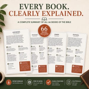 May include: A complete summary of all 66 books of the Bible. The image features four white pages with text, including "Genesis", "Isaiah", "John", and "Daniel". A circular graphic states "66 Books Included". The text "Every Book. Clearly Explained" is at the top.