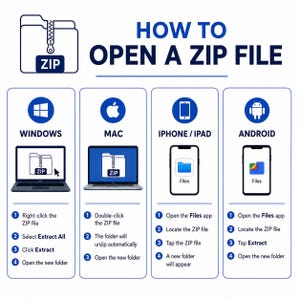 May include: An instructional infographic titled HOW TO OPEN A ZIP FILE, featuring four columns with icons for Windows, Mac, iPhone/iPad, and Android. Each section provides numbered steps for extracting ZIP files on these specific operating systems.