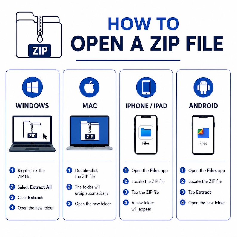 May include: An instructional infographic titled HOW TO OPEN A ZIP FILE, featuring four columns with icons for Windows, Mac, iPhone/iPad, and Android. Each section provides numbered steps for extracting ZIP files on these specific operating systems.