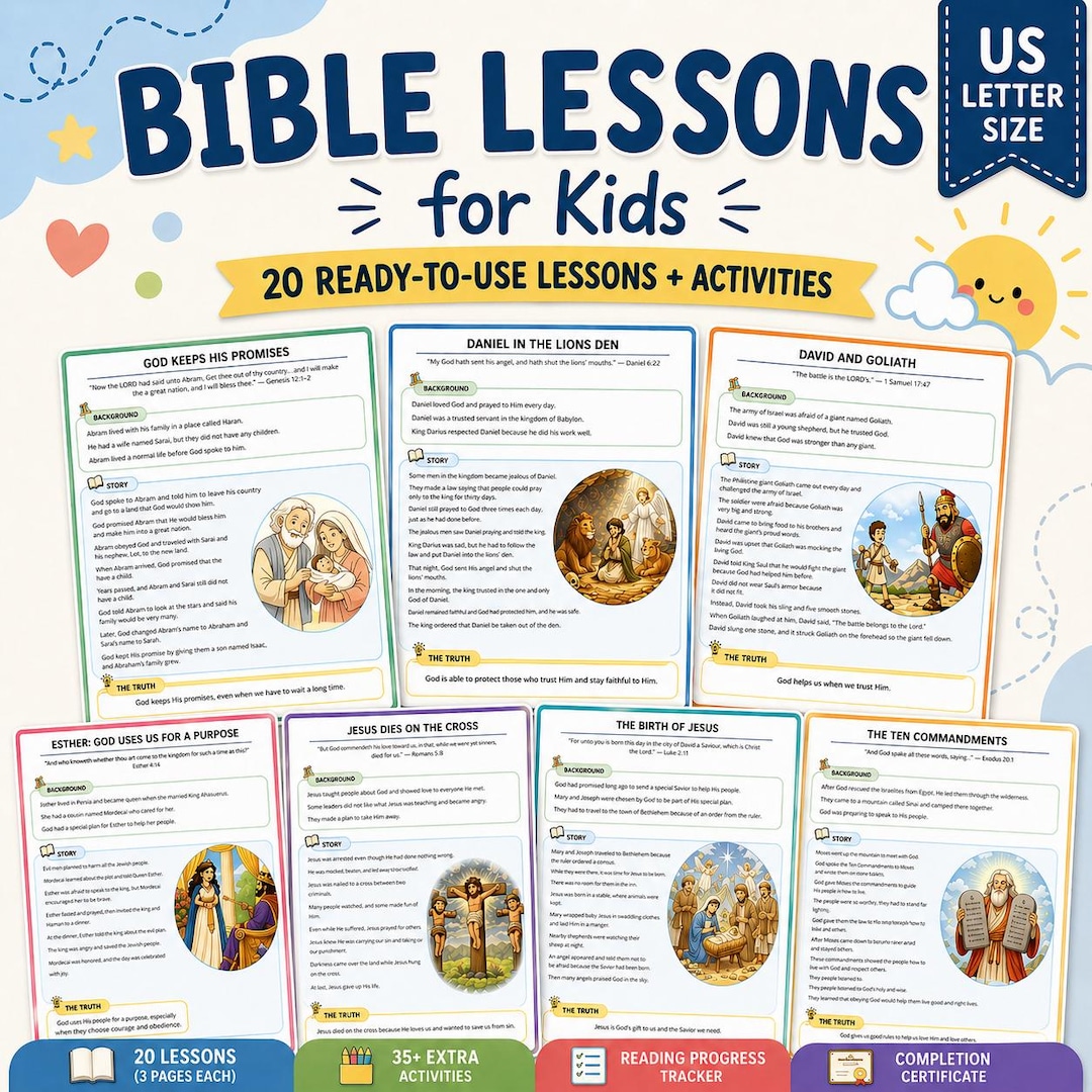 Bible Lessons for Kids Ages 6-9: Coloring Pages, Activities and Card ...