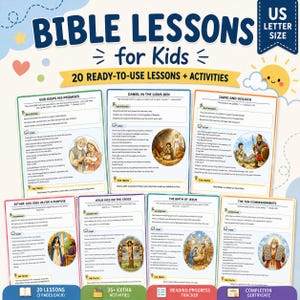 May include: An educational resource titled "Bible Lessons for Kids" with various lessons and activities. The image includes illustrated cards with Bible stories, a reading progress tracker, and a completion certificate. The size is US Letter.