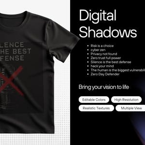 Puede incluir: Camiseta negra con el texto "SILENCE IS THE BEST DEFENSE" y un gráfico de un micrófono tachado en rojo. Las palabras "Digital Shadows" se muestran en blanco, junto con una lista de viñetas.