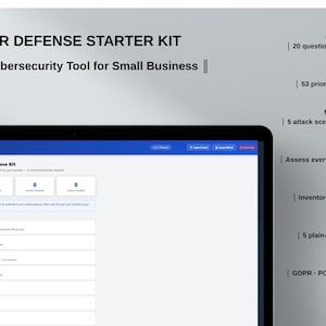 May include: A laptop screen displays the "SMB Cyber Defense Starter Kit" interface. The kit includes modules for risk assessment, security checklists, incident response, vendor security, password audits, employee training, and compliance checks. Text on the screen reads "Welcome to your Cyber Defense Kit."