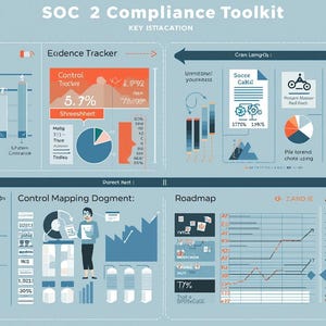 May include: An infographic titled "SOC 2 Compliance Toolkit" with various charts, graphs, and diagrams. The image includes sections for Gap Analysis, Evidence Tracker, and Roadmap, with data visualizations and text labels. The color scheme is primarily blue, orange, and white.