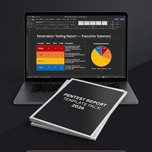 May include: A laptop displays a "Penetration Testing Report" with a finding distribution pie chart. Below the laptop are several white-covered documents labeled "PENTEST REPORT TEMPLATE PACK 2026". The image also includes the text "5 Files Included - OWASP WSTG + CVSS v3.1".