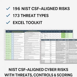 Può includere: L'immagine mostra un toolkit Excel con tabelle di dati e il testo "196 NIST CSF-ALIGNED RISKS", "173 THREAT TYPES" e "EXCEL TOOLKIT". La parte inferiore dell'immagine recita "NIST CSF-ALIGNED CYBER RISKS WITH THREATS, CONTROLS & SCORING".