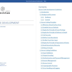 Pu&ograve; includere: Un documento intitolato "Secure Code Development Guidelines" con un indice che elenca argomenti come Principi di codifica sicura, Linee guida per la codifica sicura, Validazione dell'input, Codifica dell'output, Autenticazione e gestione delle password, Gestione delle sessioni, Controllo degli accessi, Pratiche crittografiche e Gestione degli errori e registrazione.