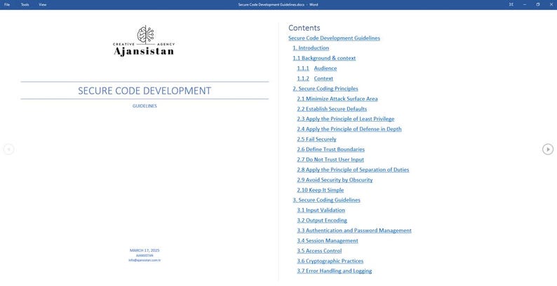 Pu&ograve; includere: Un documento intitolato "Secure Code Development Guidelines" con un indice che elenca argomenti come Principi di codifica sicura, Linee guida per la codifica sicura, Validazione dell'input, Codifica dell'output, Autenticazione e gestione delle password, Gestione delle sessioni, Controllo degli accessi, Pratiche crittografiche e Gestione degli errori e registrazione.