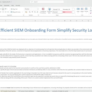 May include: A screenshot of a spreadsheet document titled "Efficient SIEM Onboarding Form Simplify Security Log Integration". The document is divided into sections with headings such as "Introduction", "Guide", "Information", and "Contacts".