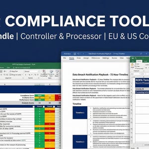 Könnte beinhalten: Ein digitales Toolkit für die DSGVO-Konformität mit einem 11-Dateien-Bundle. Das Bild zeigt Tabellenkalkulationen mit Datenanalysen, einen Datenpanne-Benachrichtigungs-Playbook und eine ROPA-Vorlage. Der Text enthält "GDPR Compliance Toolkit" und "EU & US Companies".