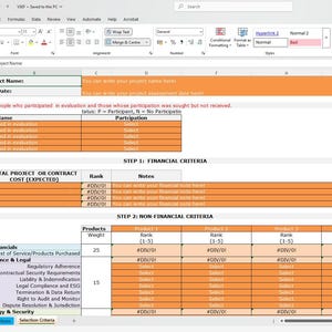 Peut inclure: Une feuille de calcul avec un schéma de couleurs orange et blanc. La feuille de calcul est intitulée "Coût total du projet ou du contrat (prévu)" et comprend des colonnes pour "Produit", "Rang" et "Remarques". La feuille de calcul comprend également une section intitulée "Étape 2 : Critères non financiers" avec des colonnes pour "Produits", "Poids", "Rang (1-5)" et "Rang (1-5)".