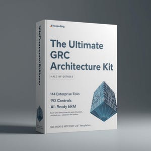 Puede incluir: Una caja blanca titulada "The Ultimate GRC Architecture Kit" con texto azul oscuro. La caja incluye el texto "144 Riesgos Empresariales, 90 Controles, AI-Ready ERM". También presenta un diseño geométrico azul.