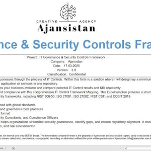Op de afbeelding: Een blauw en wit document met de titel "IT Governance & Security Controls Framework" en informatie over het project, bedrijf, datum, versie en classificatie. Het document is ontworpen om bedrijven te begeleiden door het proces van IT-controles.