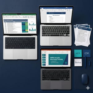 May include: Three laptops displaying spreadsheets, documents, and a presentation on a dark blue surface. Accompanying items include sticky notes labeled "MFA", "EDR", and "Backup", along with a mouse and a mousepad. The laptops are open, showcasing various data and training materials.