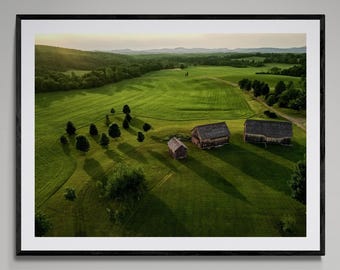 Golden Hour Farm Photo: Rustic Barns Aerial Landscape Art