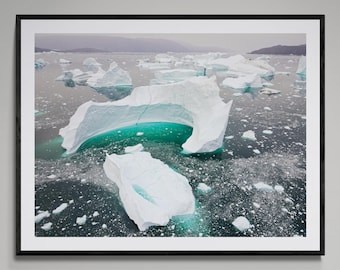 Arctic Moon-Shaped Iceberg Aerial Photograph: Greenland Fjord Landscape Art