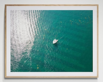 Turquoise Ocean Sailboat Print | Aerial Coastal Art
