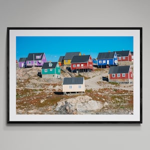 Colorful Greenland Houses Wall Art | Arctic Village Landscape Photography Print | Remote Ittoqqortoormiit Coastal Decor | Framed / Unframed