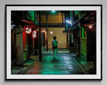 Kyoto Gion Night Geisha Print: Woman in Kimono, Japan Alley Wall Art