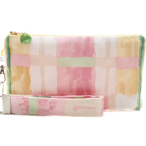 Pastel clutch - spring bag for women - pink small purse handmade in pastel plaid fabric - pouch & key fob gift set - zipper wristlet