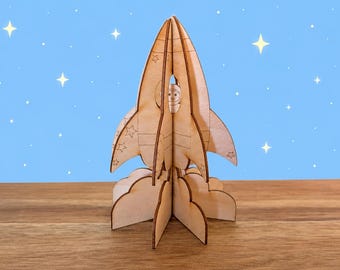 Puzzle 3D a forma di razzo in legno SVG: Giocattolo spaziale tagliato al laser (Download digitale)
