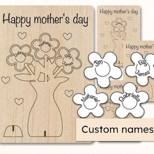 Carte personnalisée fête des mères fichiers SVG Pop Up bois découpé au laser Vase de fleurs Glowforge Cricut 3D cadeau pour maman Kit de couleurs Noms d'enfants texte personnalisé