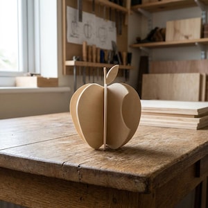 Può includere: Scultura a forma di mela in legno chiaro, con un morso. La mela ha un gambo e una foglia, ed è posizionata su un tavolo di legno in un ambiente di officina.