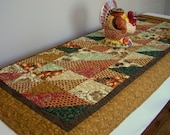 Turkey Table Runner Quilted Thanksgiving Leaves Pumpkins Quiltsy Handmade Quilt FREE US Shipping