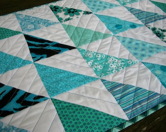 Blue Table Topper Spa Blue White Quilted Triangles Quiltsy Handmade FREE U.S Shipping