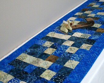 Blue Table Topper Spa Blue White Quilted Triangles Quiltsy Handmade FREE U.S Shipping