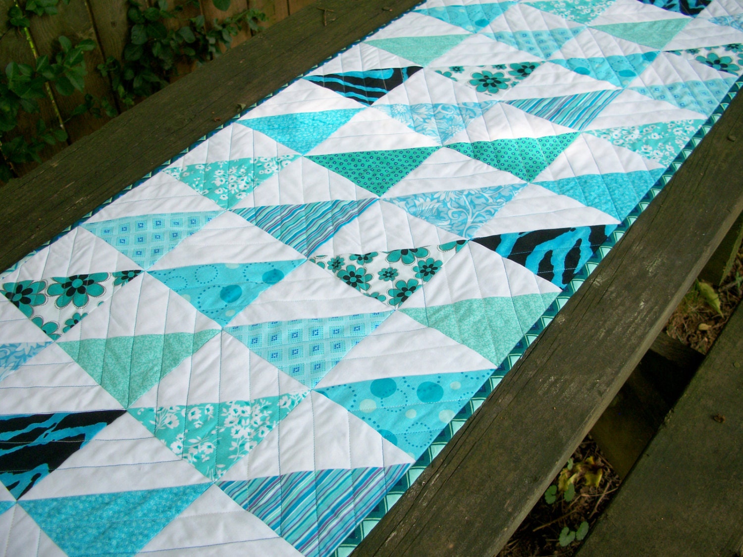 Teal Table Runner Turquoise Aqua Quilted Triangles Chevrons Etsy