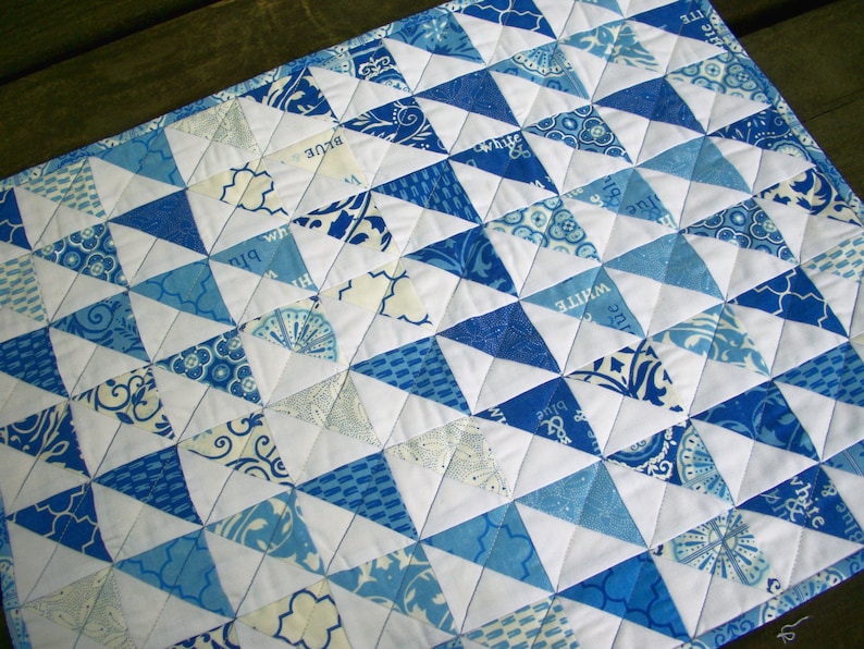 Blue Table Topper Spa Blue White Quilted Triangles Quiltsy Handmade FREE U.S Shipping