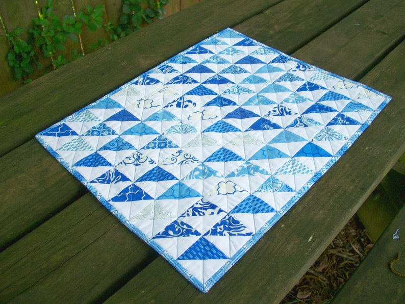 Blue Table Topper Spa Blue White Quilted Triangles Quiltsy Handmade FREE U.S Shipping
