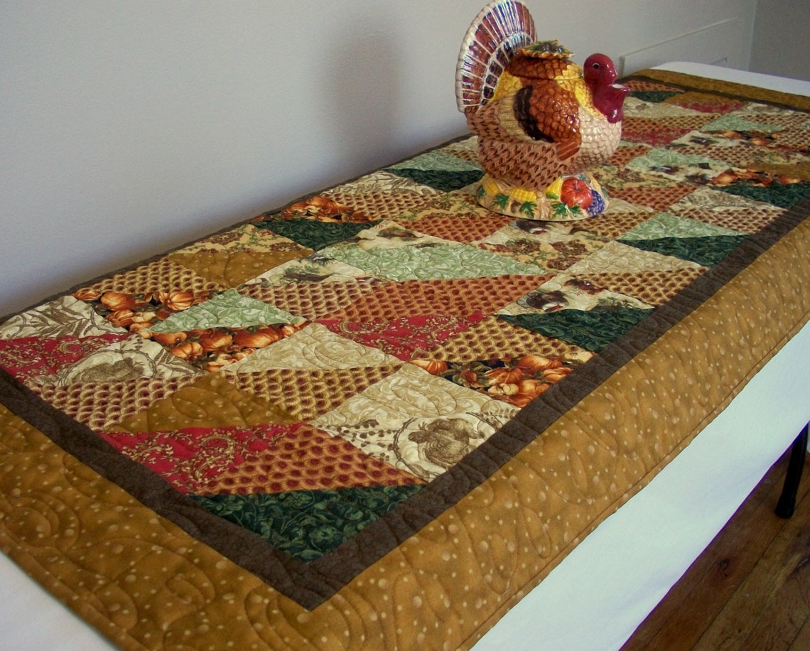 Turkey Table Runner Quilted Thanksgiving Leaves Pumpkins Etsy