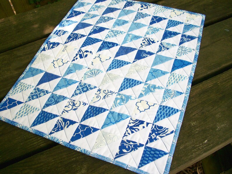 Blue Table Topper Spa Blue White Quilted Triangles Quiltsy Handmade FREE U.S Shipping
