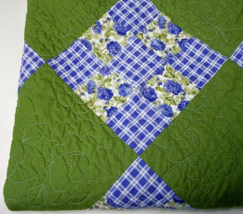 Roses Lap Quilt Periwinkle Blue Moss Green Quilted Quiltsy Etsy