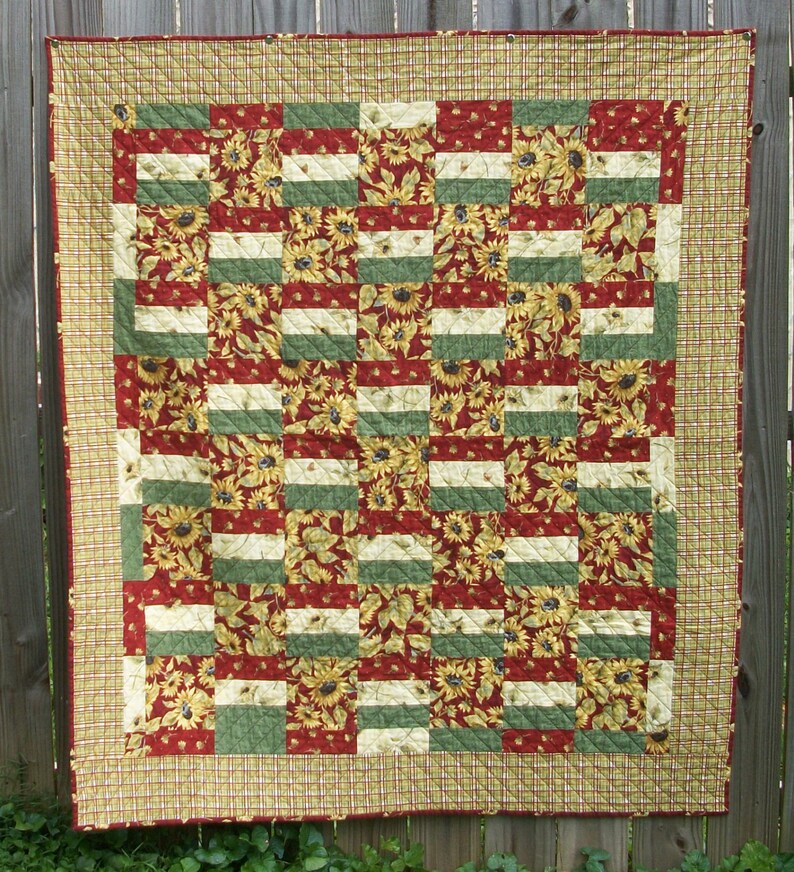 Sunflower Throw Quilt Red Yellow Quilted Quiltsy Handmade FREE Etsy