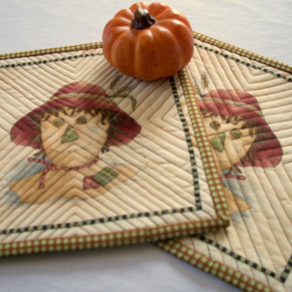 Scarecrow Mug Rugs Quilted Coasters Set of 2 Fall Autumn Quiltsy Handmade FREE U.S. Shipping