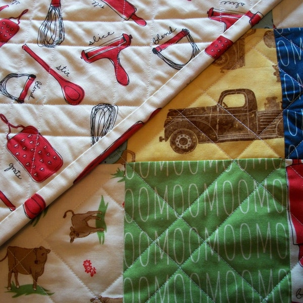 Farm Table Topper Quilt Wall Hanging Dairy Quilted Milk Cows Kitchen Utensils Farm Truck Quiltsy Handmade FREE U.S. Shipping