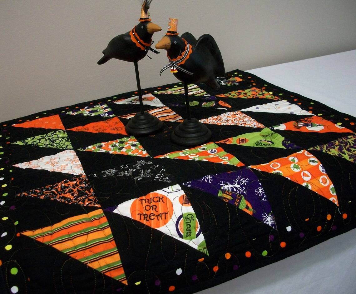 Halloween Table Topper Spooky Black Orange Purple Green Quilted FREE US
