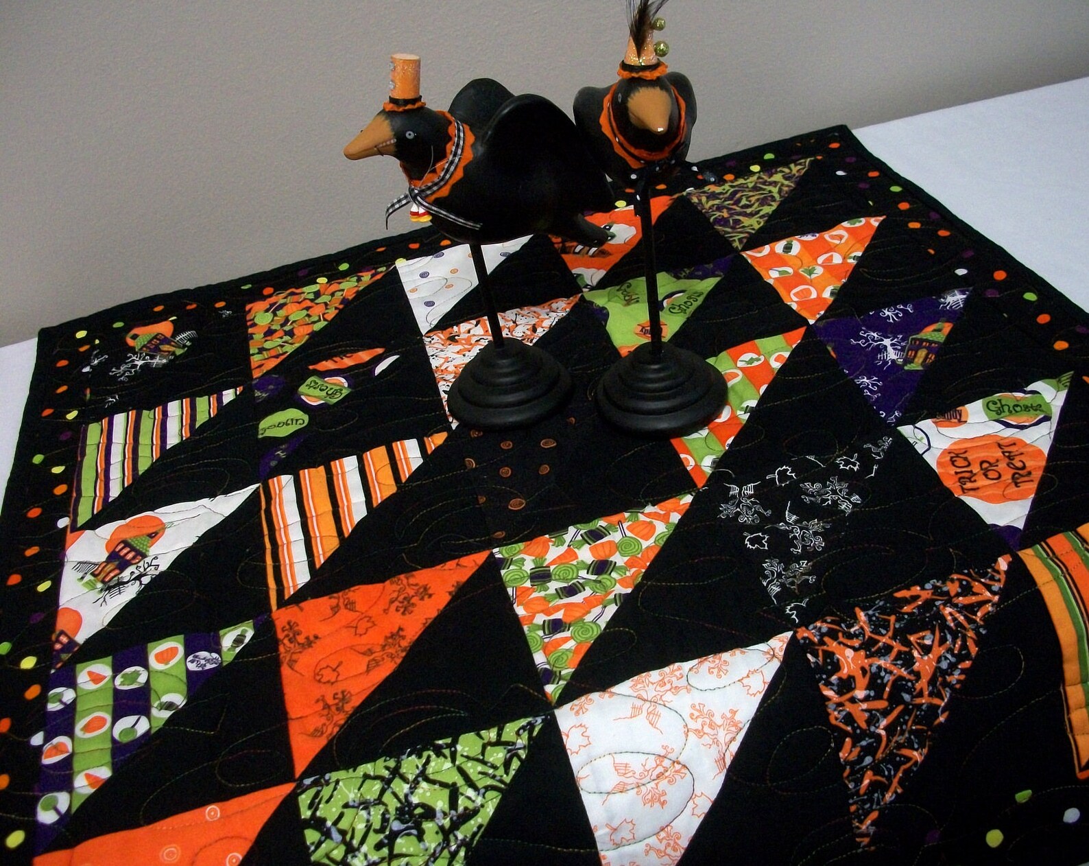 Halloween Table Topper Spooky Black Orange Purple Green Quilted FREE US