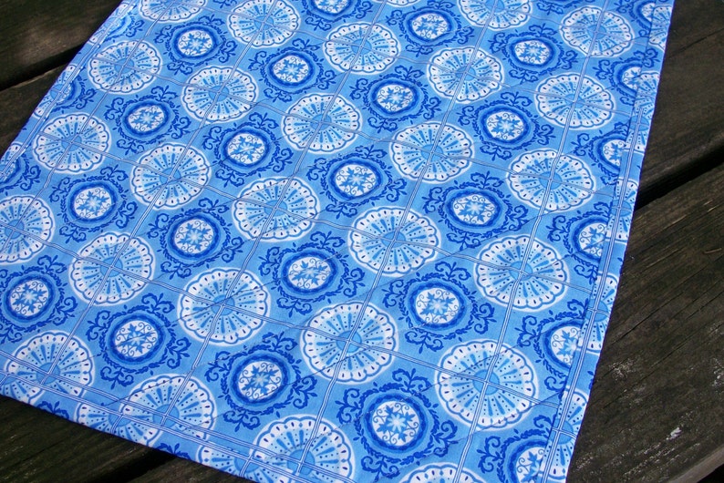 Blue Table Topper Spa Blue White Quilted Triangles Quiltsy Handmade FREE U.S Shipping