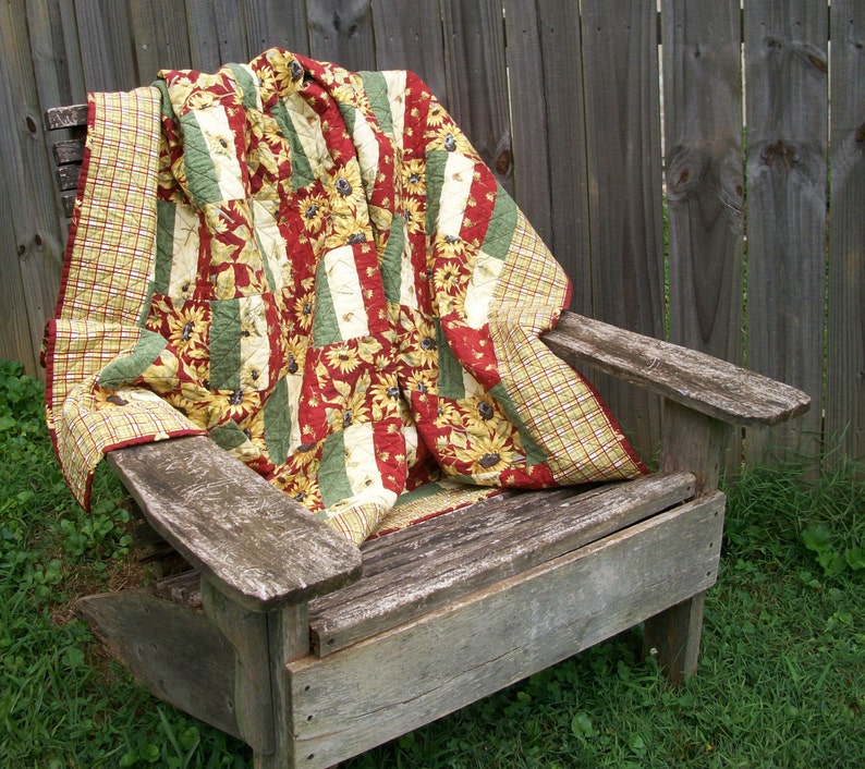 Sunflower Throw Quilt Red Yellow Quilted Quiltsy Handmade FREE Etsy
