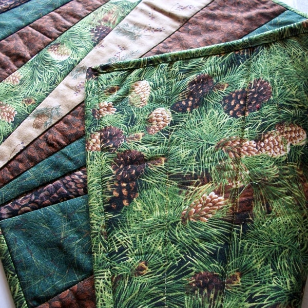 Pine Table Runner Wall Hanging Curved Scrappy Quilted Pine Cones Green Brown