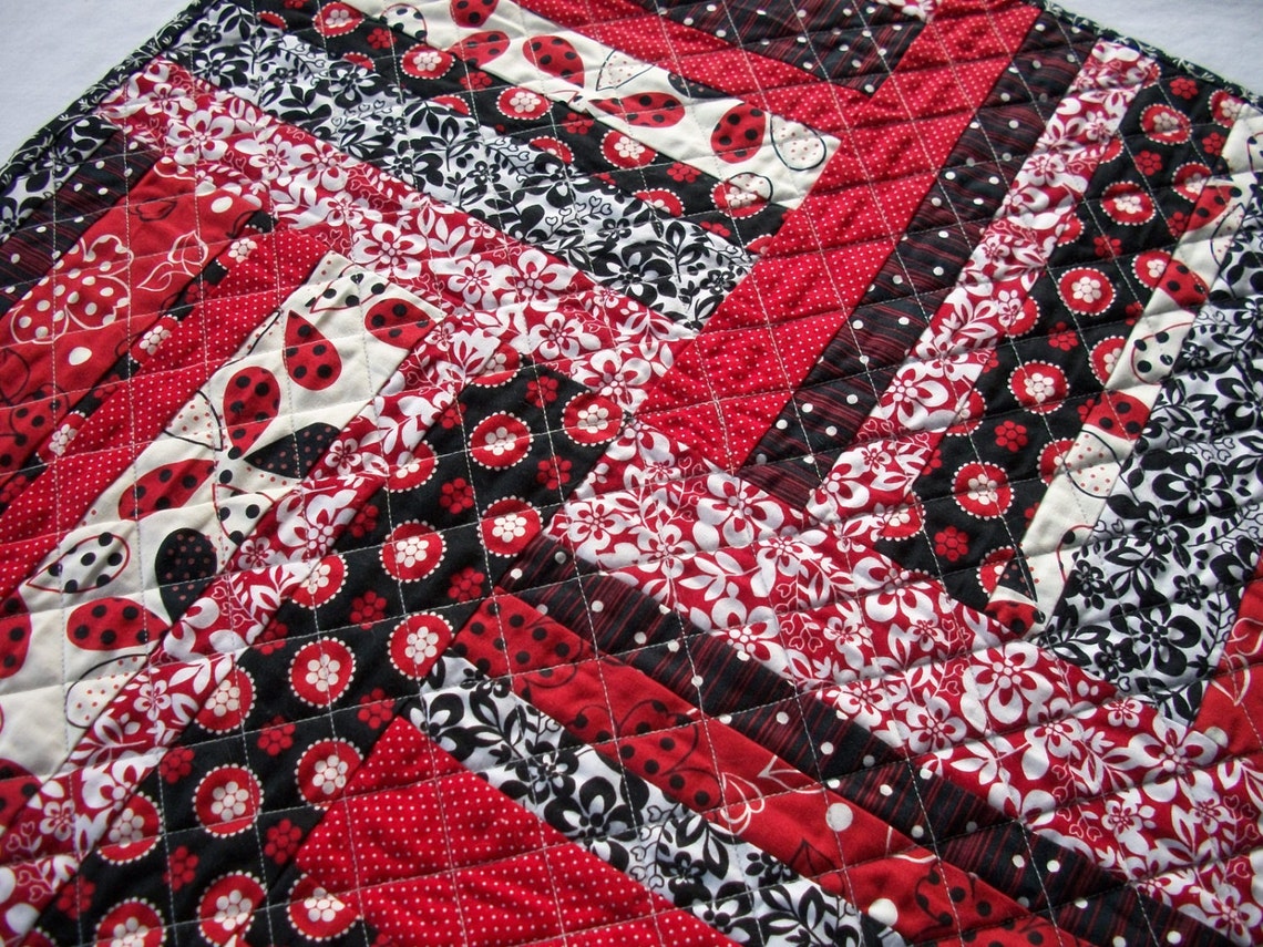 Red Black Table Topper Square Quilted Quiltsy Handmade FREE U.S